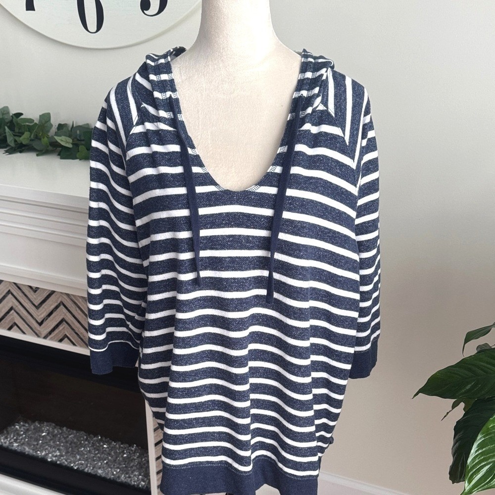 Active Navy White Striped‎ Lace Up Side V-Neck Hoodie Sweatshirt XL Athleisure